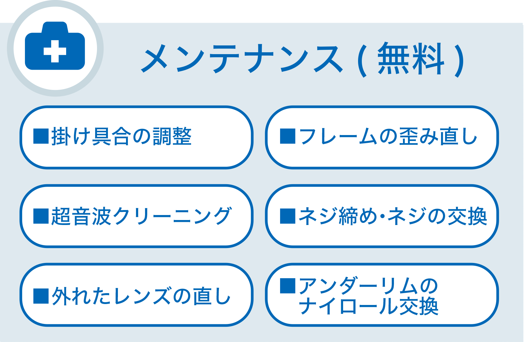 ペーパーグラスのメンテナンス。調整、メガネの歪み直し、クリーニング、ネジ締め・ネジ交換、アンダーリムのないロール交換