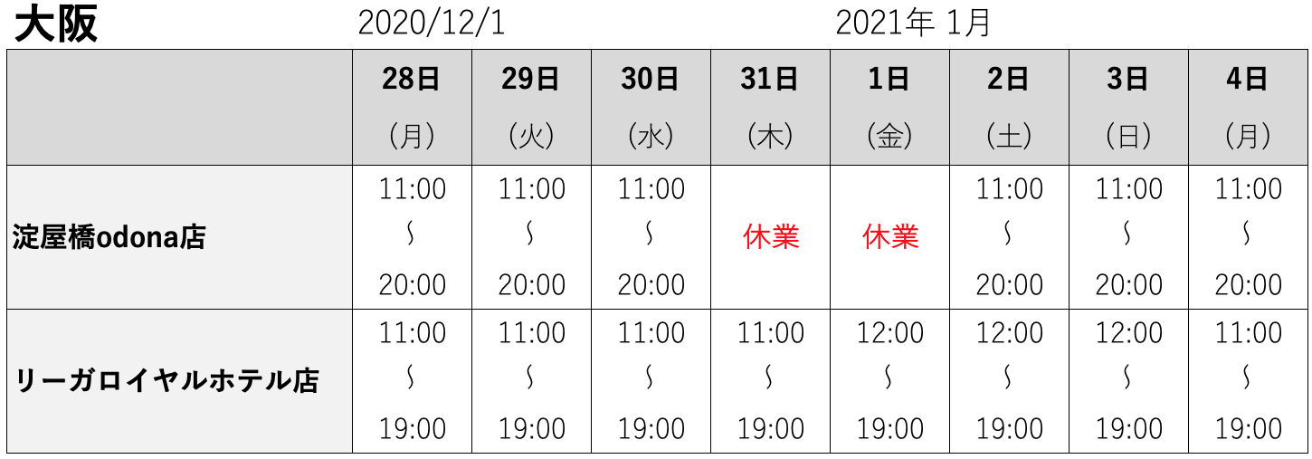 大阪店舗年始営業日