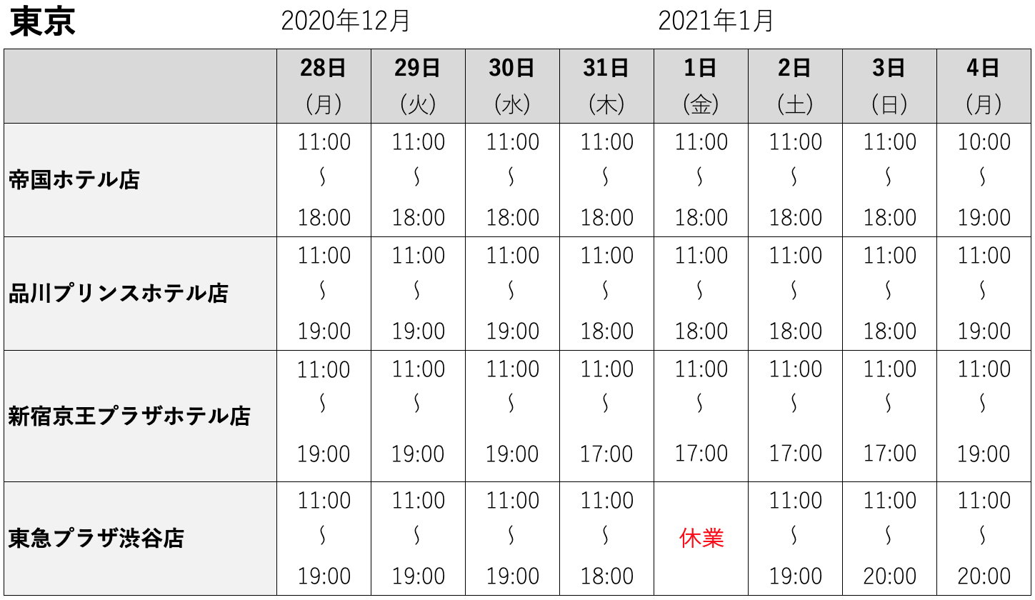 東京店舗年始営業日